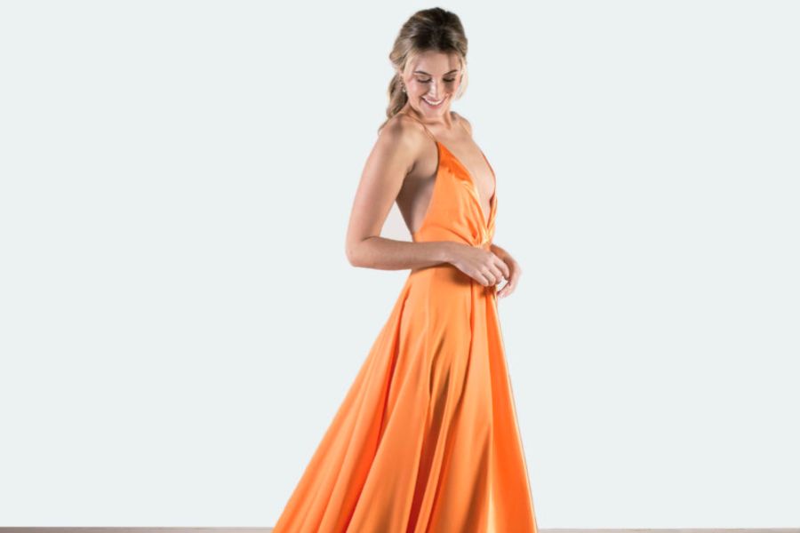 vestido largo naranja Mabel Galindo